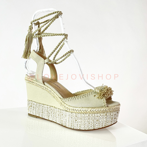 Feminine | Paul Andrew ‘Patmos’ Canvas Fringe Wedges with Ankle Wraps | Resort - Picture 1 of 15